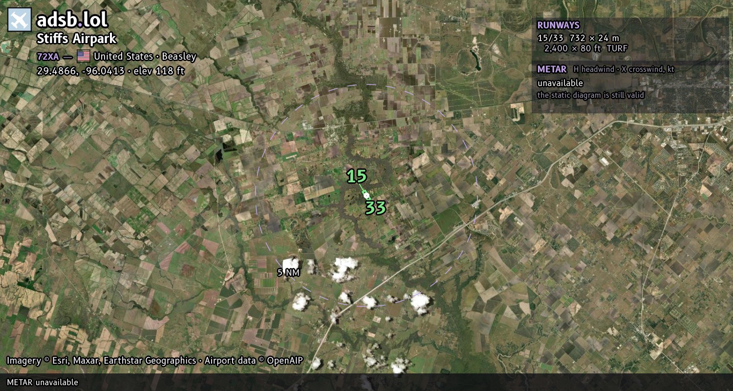 Satellite map with the runway layout of Stiffs Airpark (72XA)