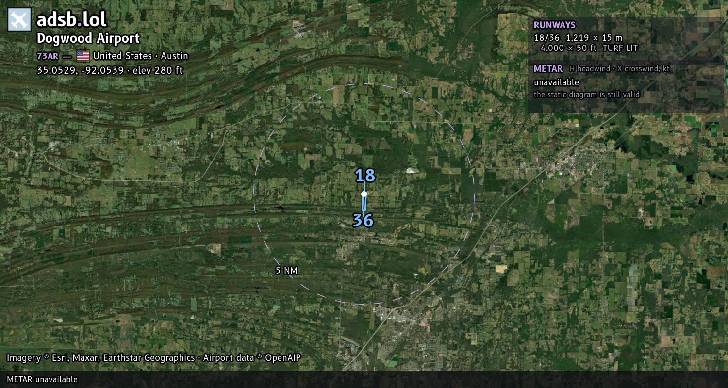 Satellite map with the runway layout of Dogwood Airport (73AR)