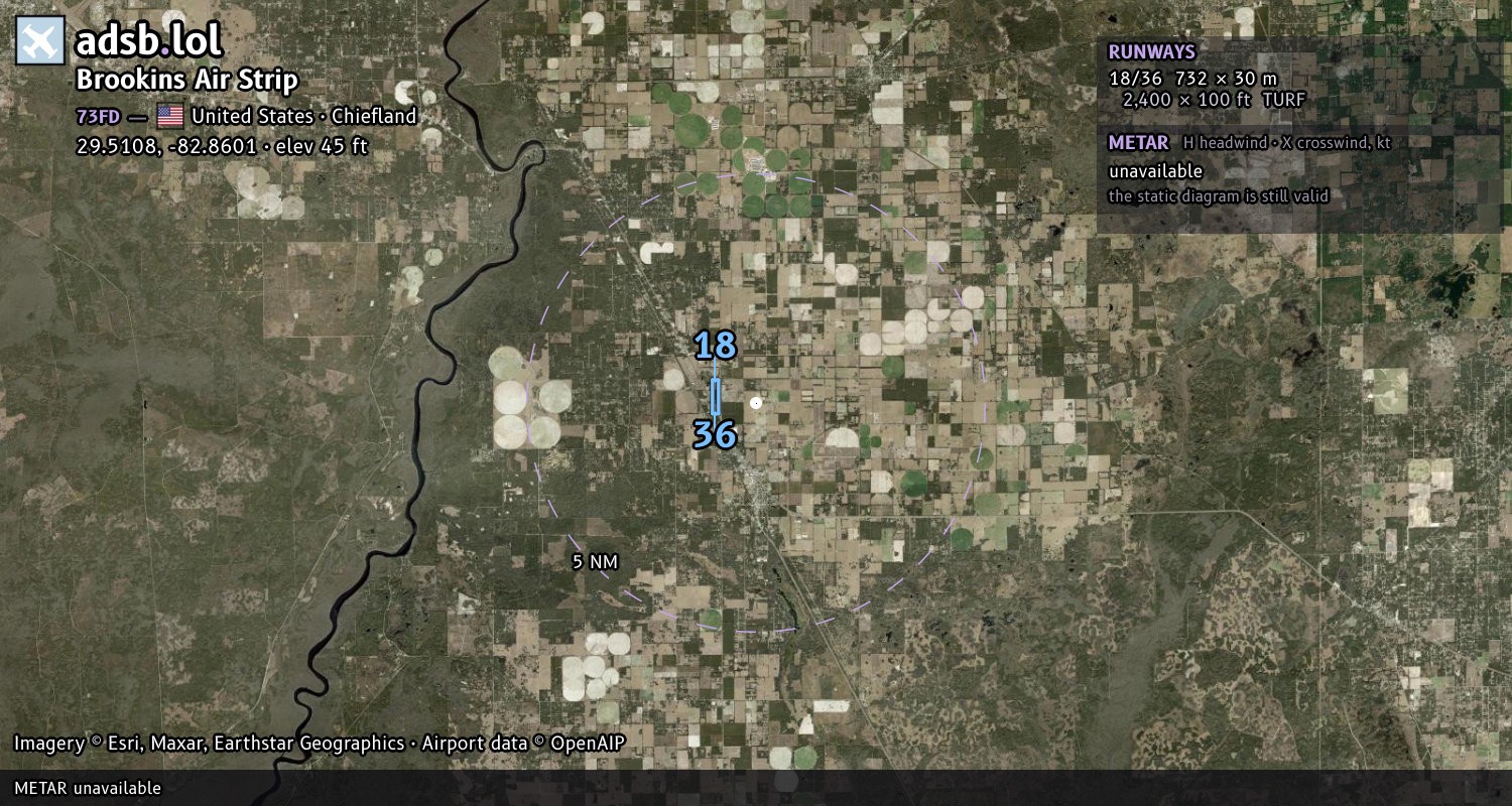 Satellite map with the runway layout of Brookins Air Strip (73FD)