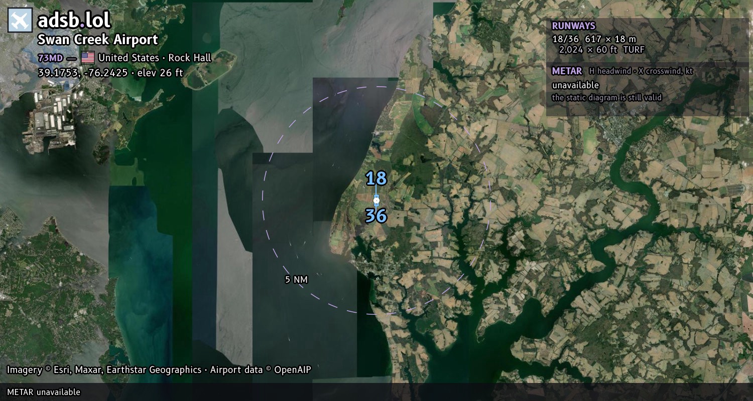 Satellite map with the runway layout of Swan Creek Airport (73MD)