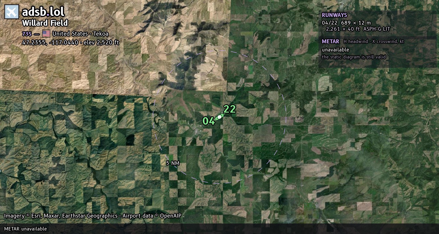 Satellite map with the runway layout of Willard Field (73S)