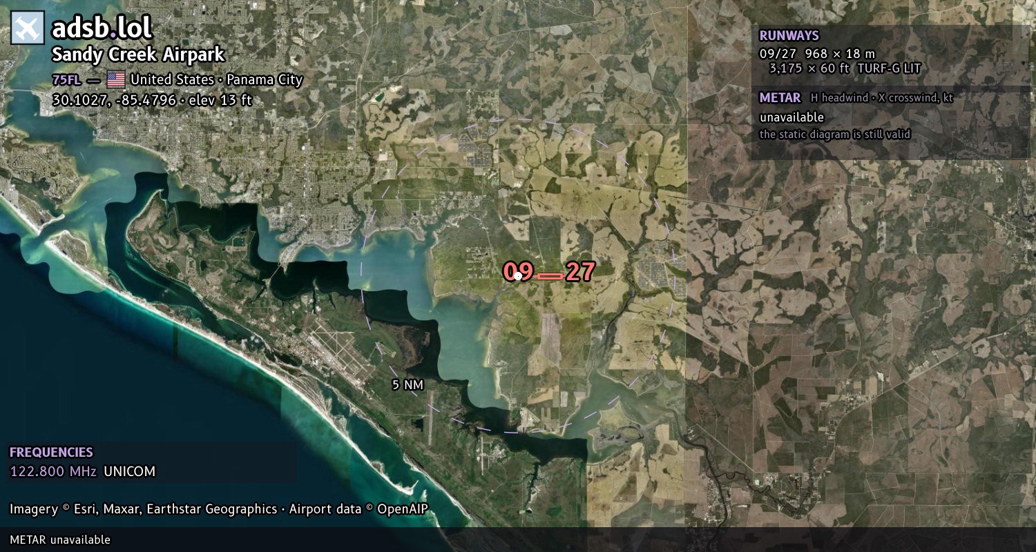 Satellite map with the runway layout of Sandy Creek Airpark (75FL)