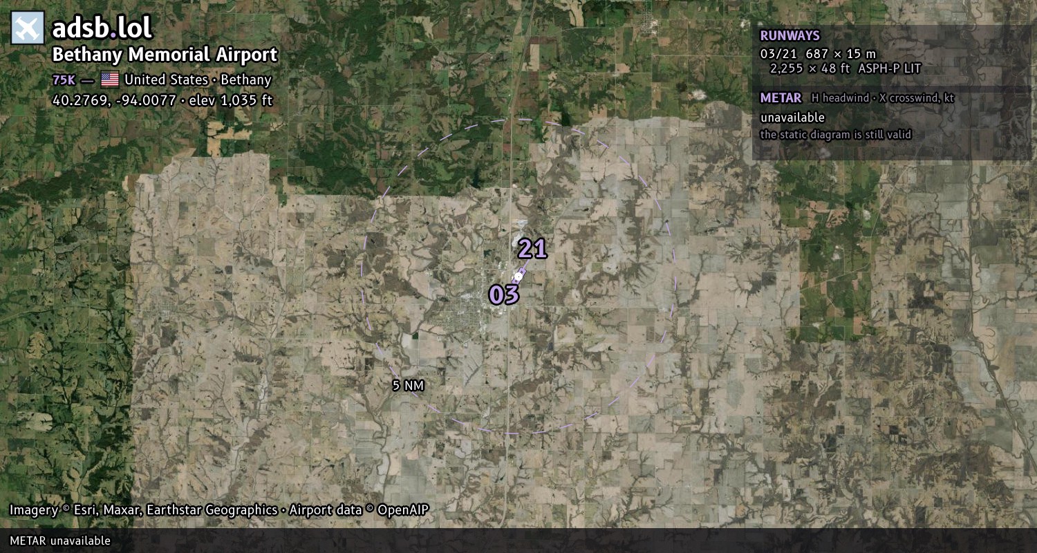 Satellite map with the runway layout of Bethany Memorial Airport (75K)