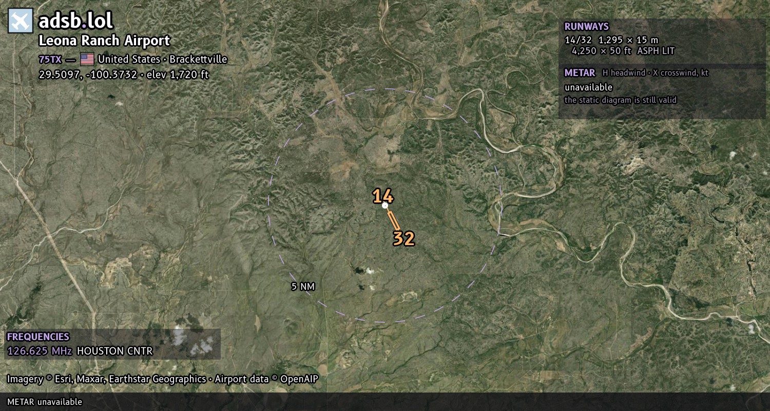 Satellite map with the runway layout of Leona Ranch Airport (75TX)
