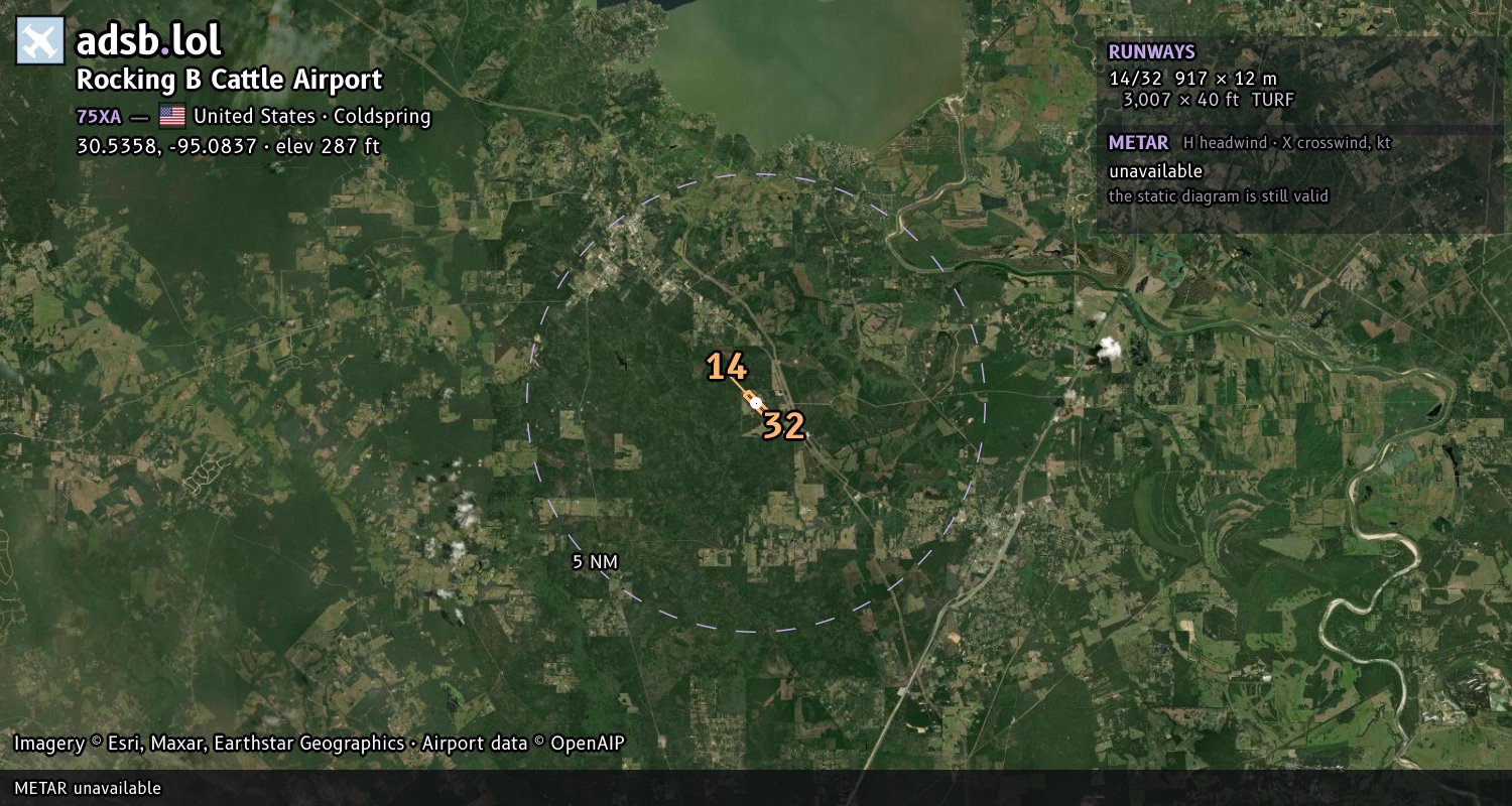 Satellite map with the runway layout of Rocking B Cattle Airport (75XA)