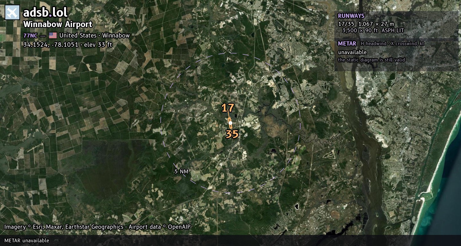 Satellite map with the runway layout of Winnabow Airport (77NC)