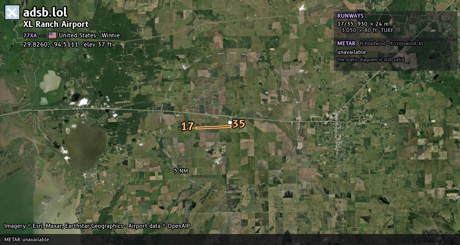 Satellite map with the runway layout of XL Ranch Airport (77XA)