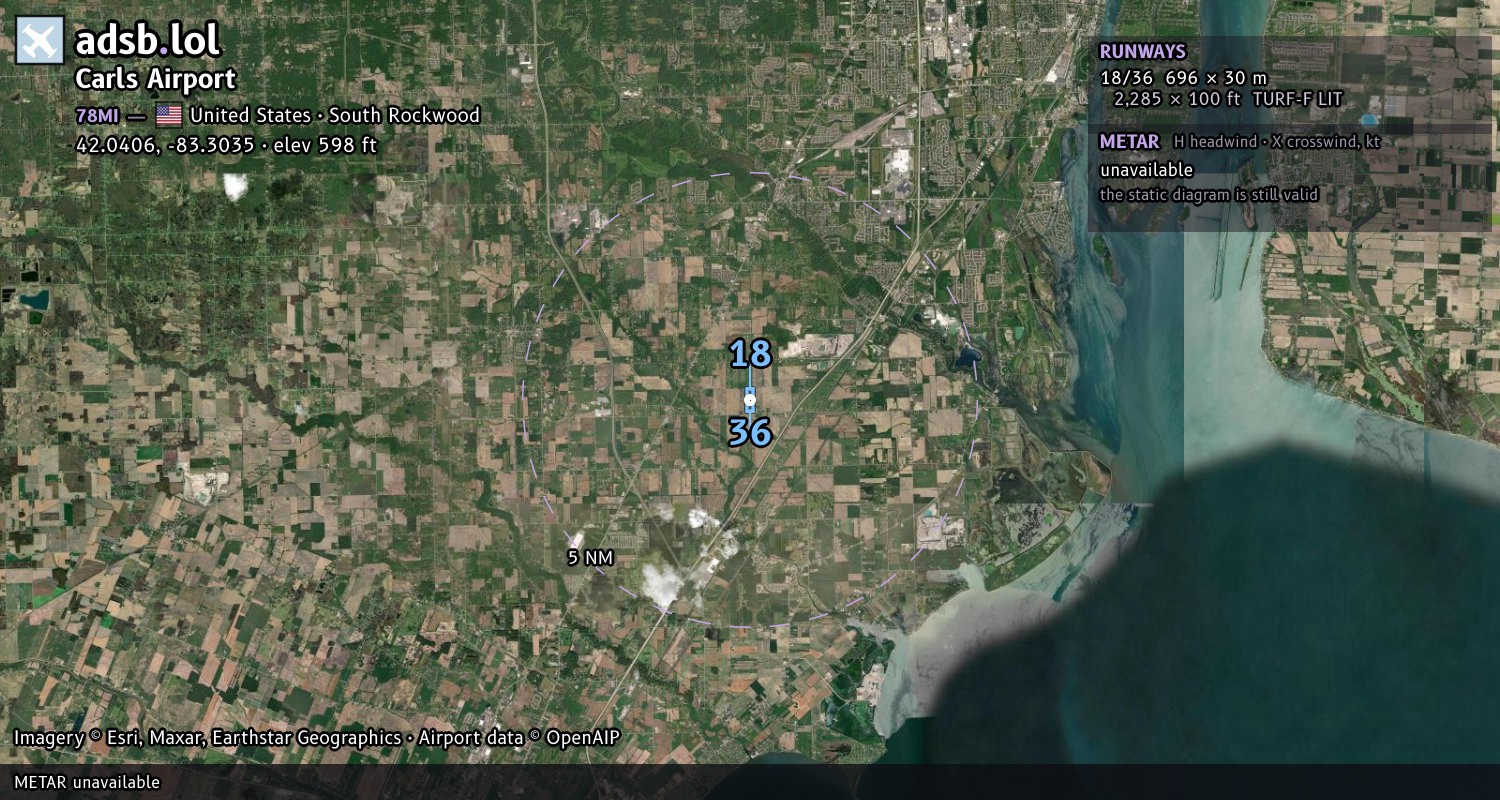 Satellite map with the runway layout of Carls Airport (78MI)