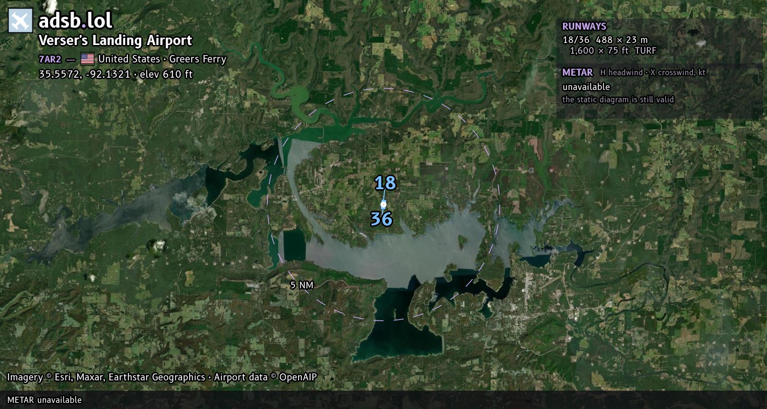 Satellite map with the runway layout of Verser's Landing Airport (7AR2)