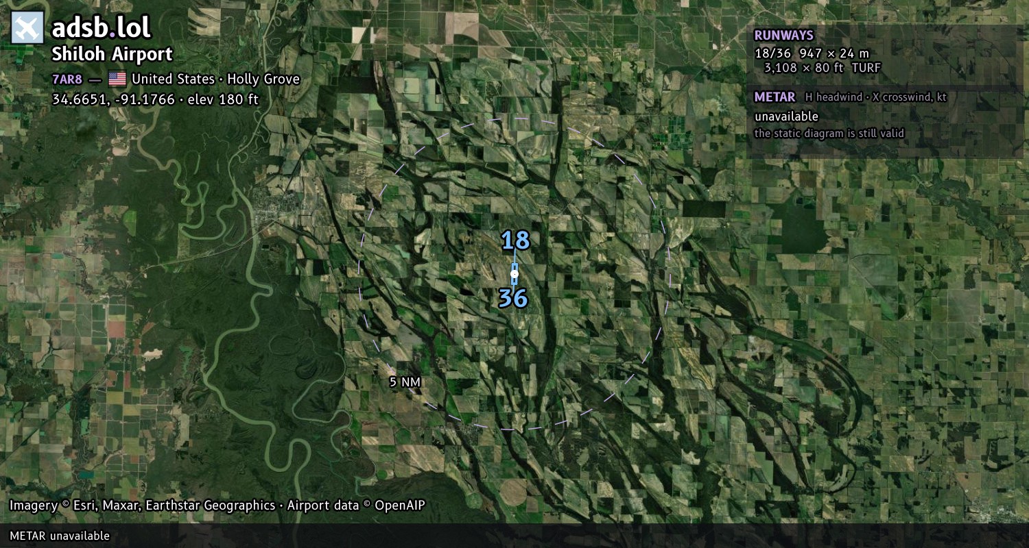 Satellite map with the runway layout of Shiloh Airport (7AR8)