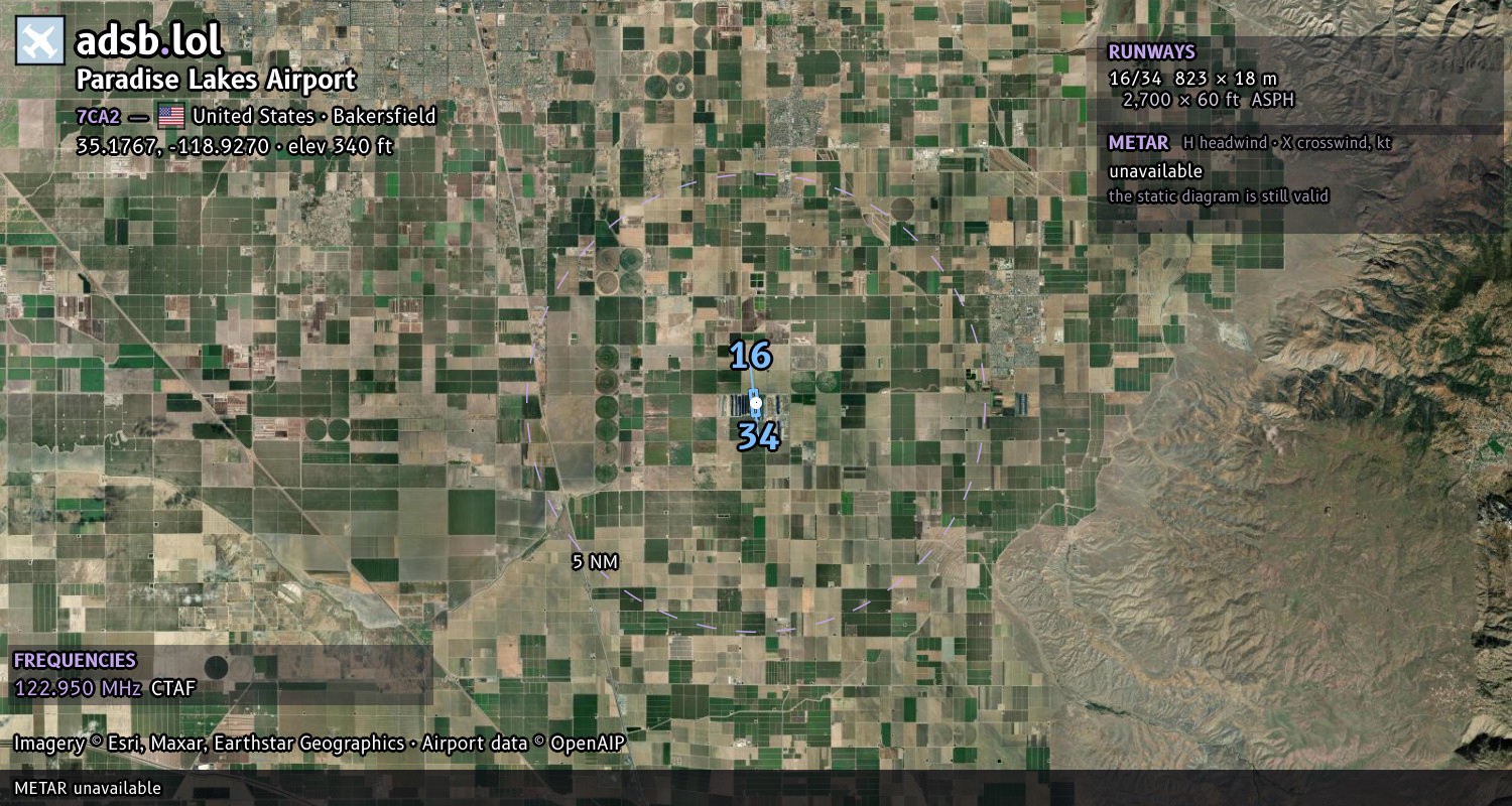 Satellite map with the runway layout of Paradise Lakes Airport (7CA2)