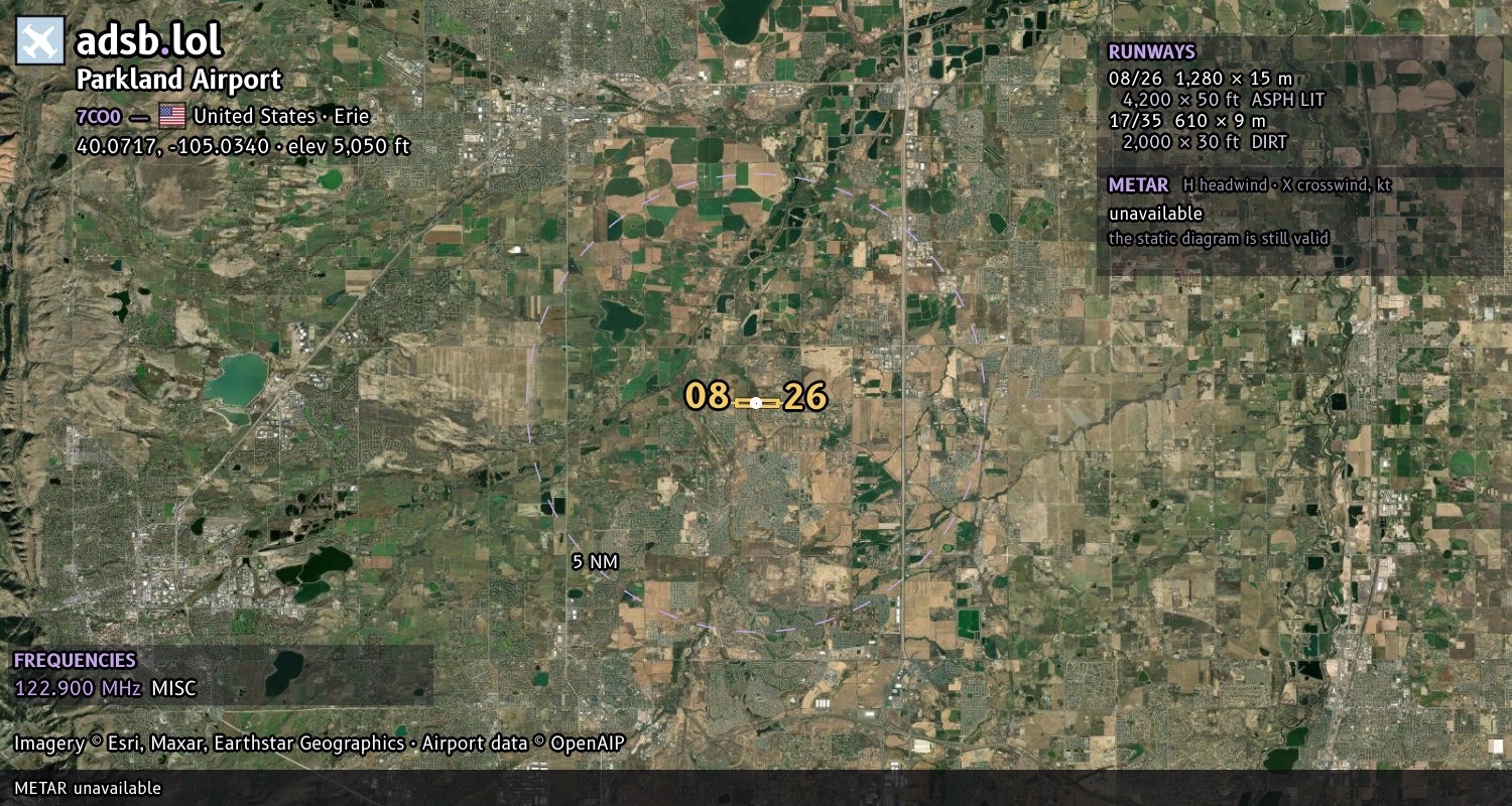 Satellite map with the runway layout of Parkland Airport (7CO0)