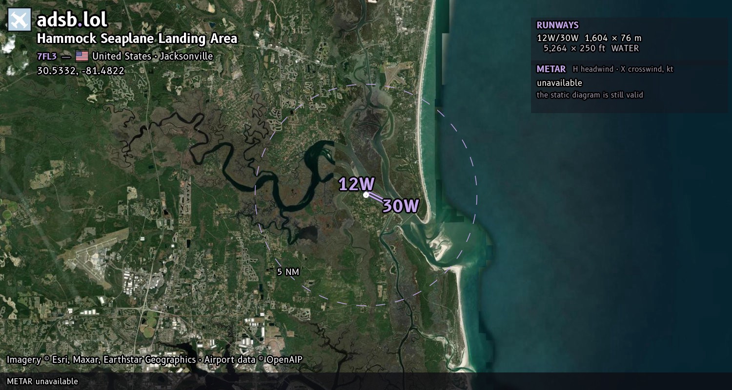 Satellite map with the runway layout of Hammock Seaplane Landing Area (7FL3)