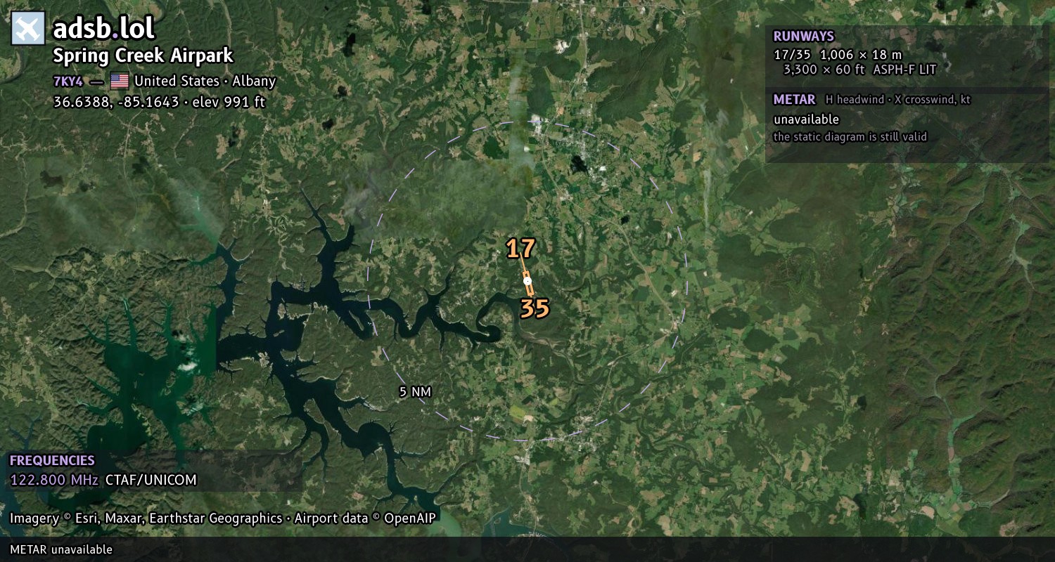 Satellite map with the runway layout of Spring Creek Airpark (7KY4)