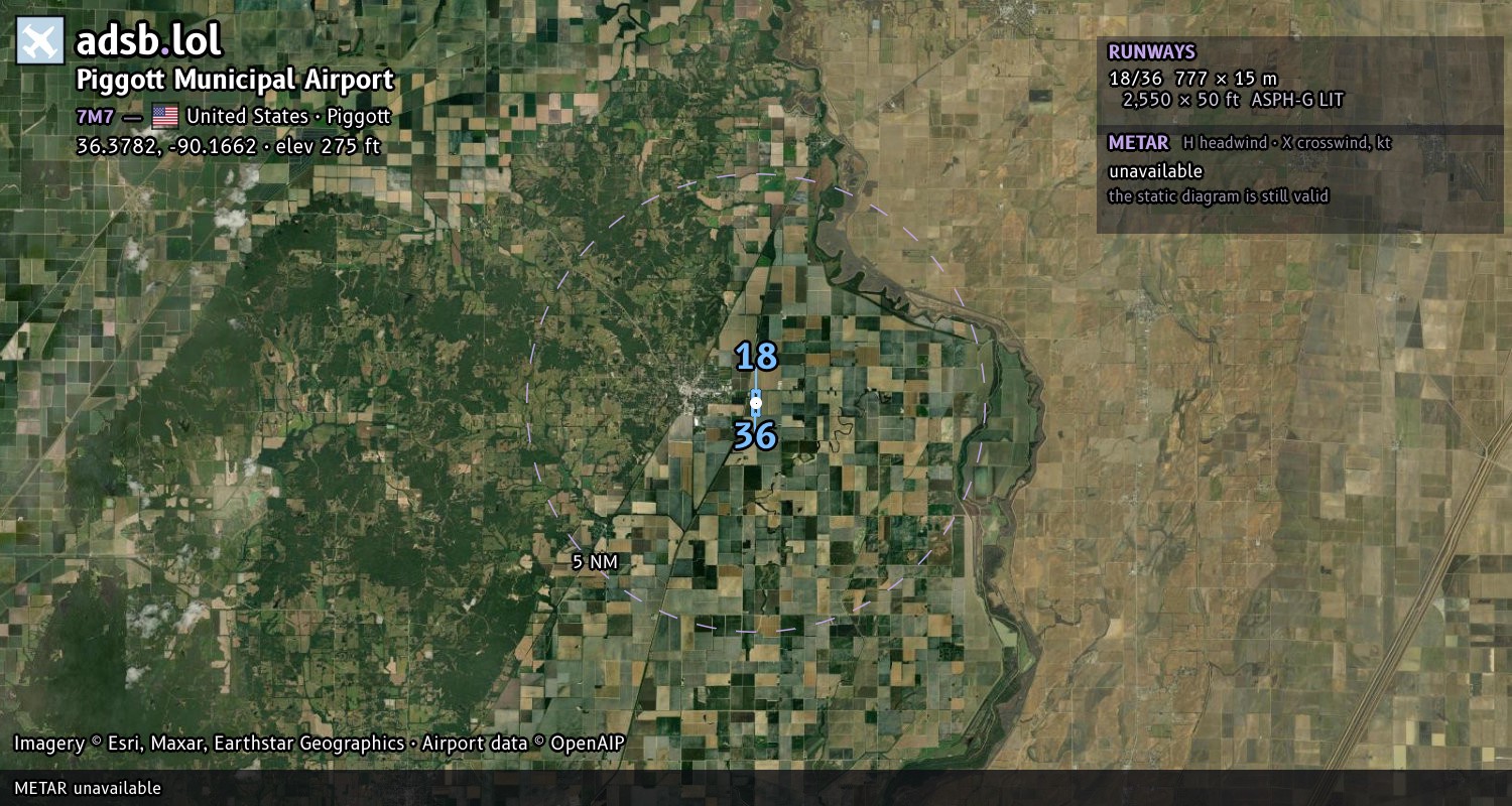 Satellite map with the runway layout of Piggott Municipal Airport (7M7)