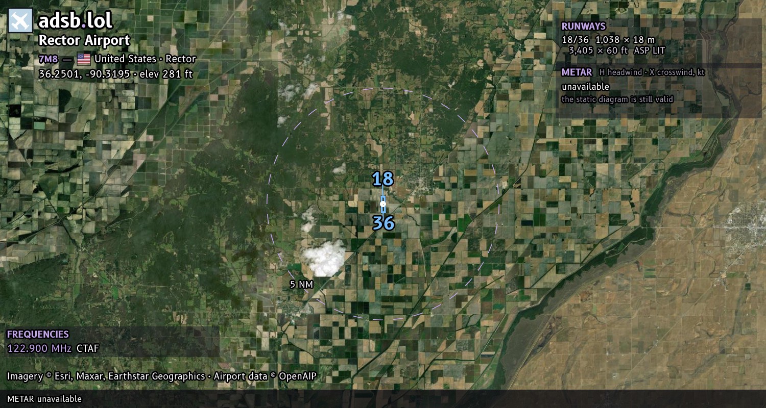 Satellite map with the runway layout of Rector Airport (7M8)