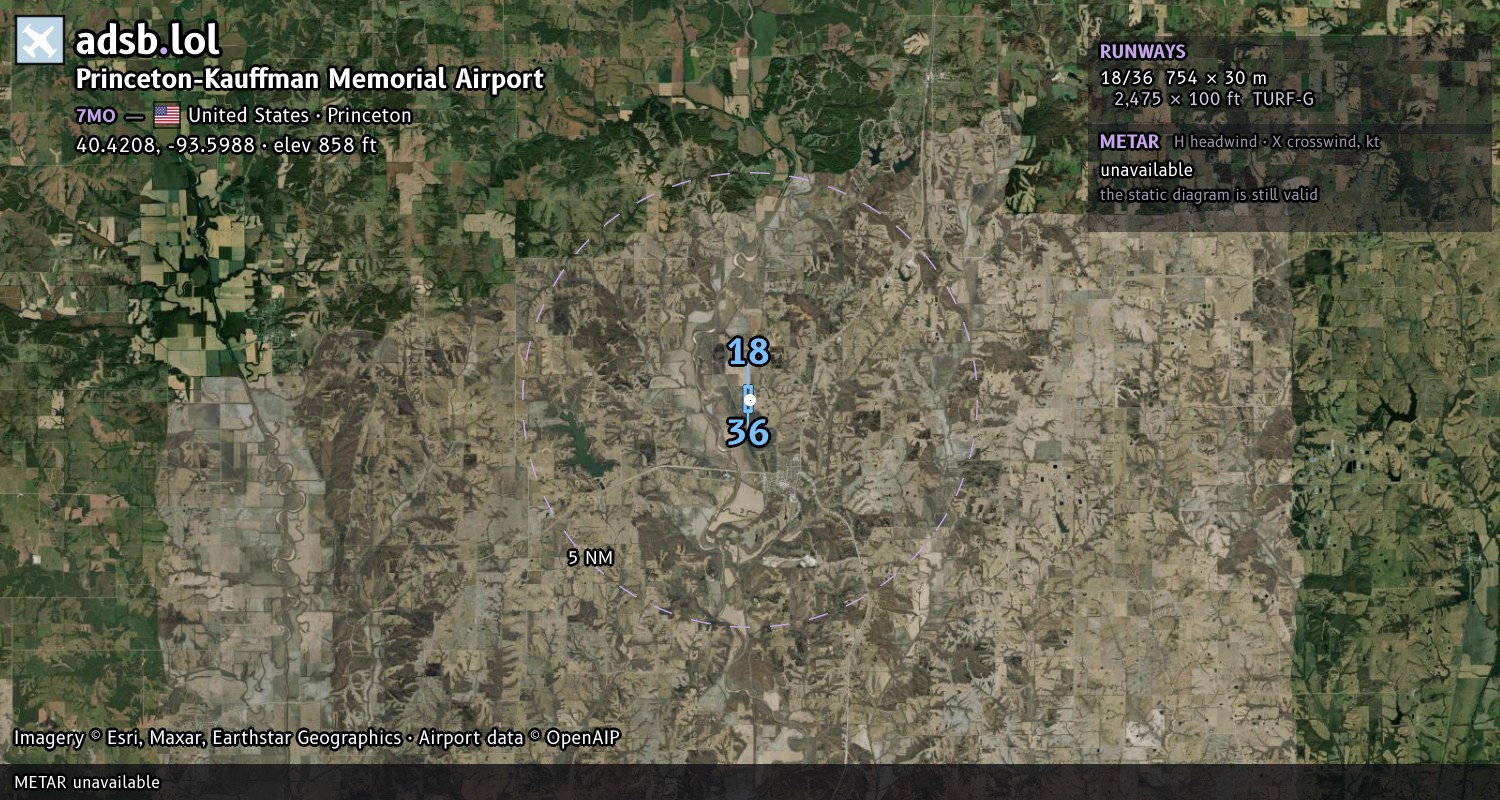 Satellite map with the runway layout of Princeton-Kauffman Memorial Airport (7MO)
