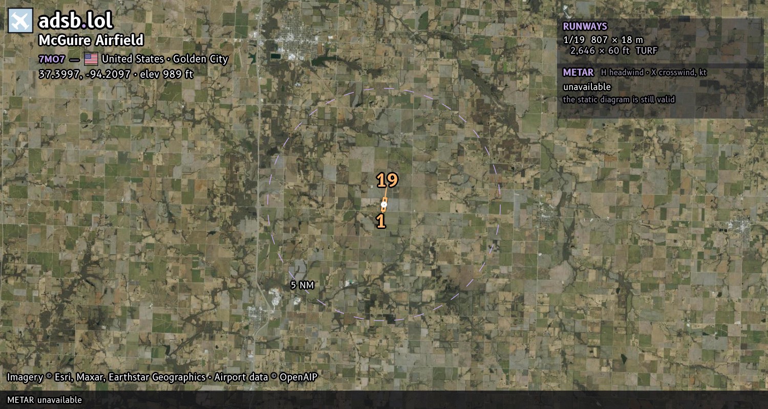 Satellite map with the runway layout of McGuire Airfield (7MO7)