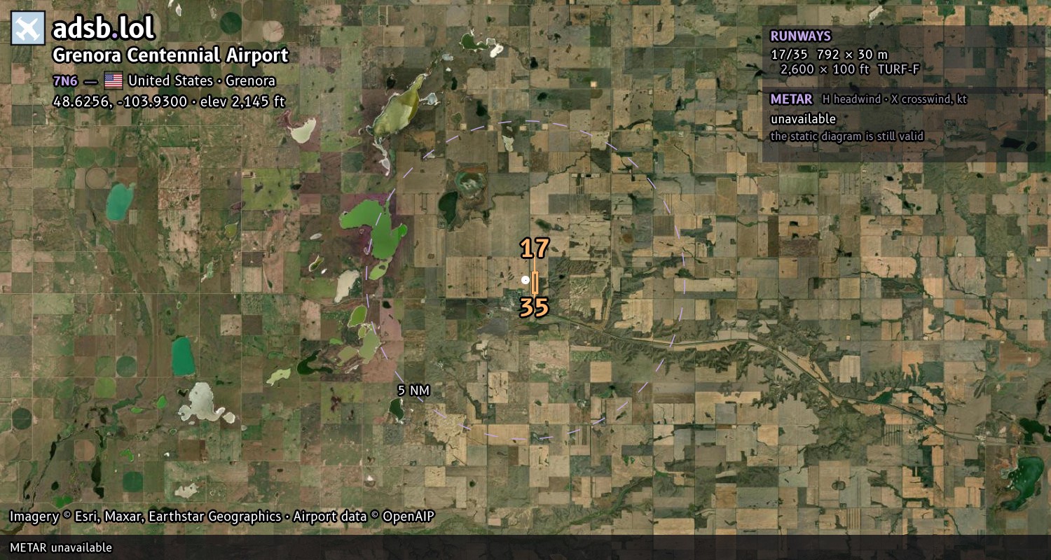 Satellite map with the runway layout of Grenora Centennial Airport (7N6)