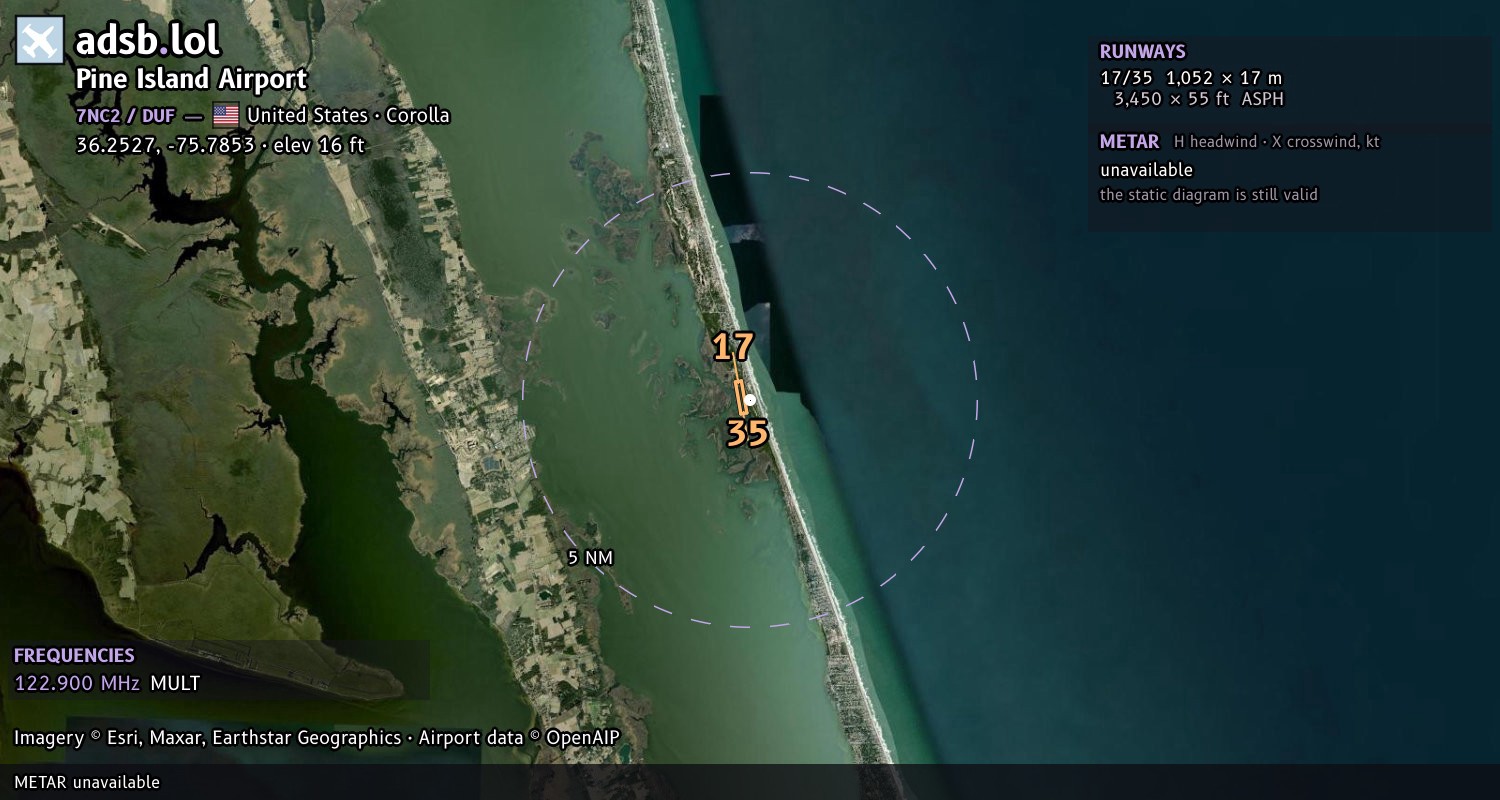 Satellite map with the runway layout of Pine Island Airport (7NC2)