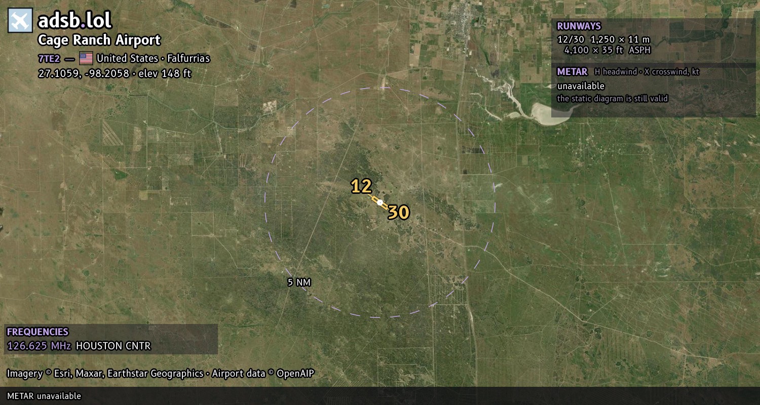 Satellite map with the runway layout of Cage Ranch Airport (7TE2)