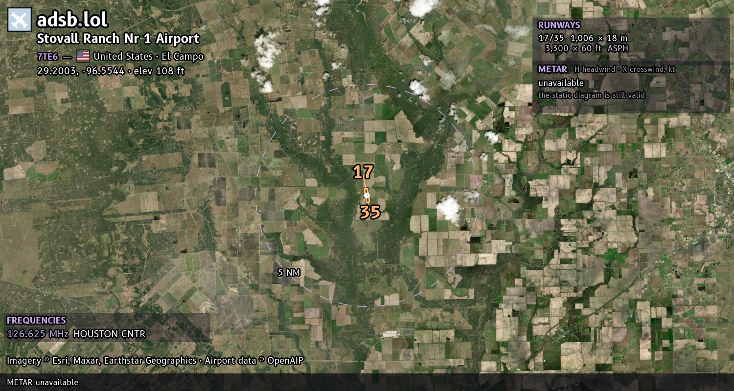 Satellite map with the runway layout of Stovall Ranch Nr 1 Airport (7TE6)