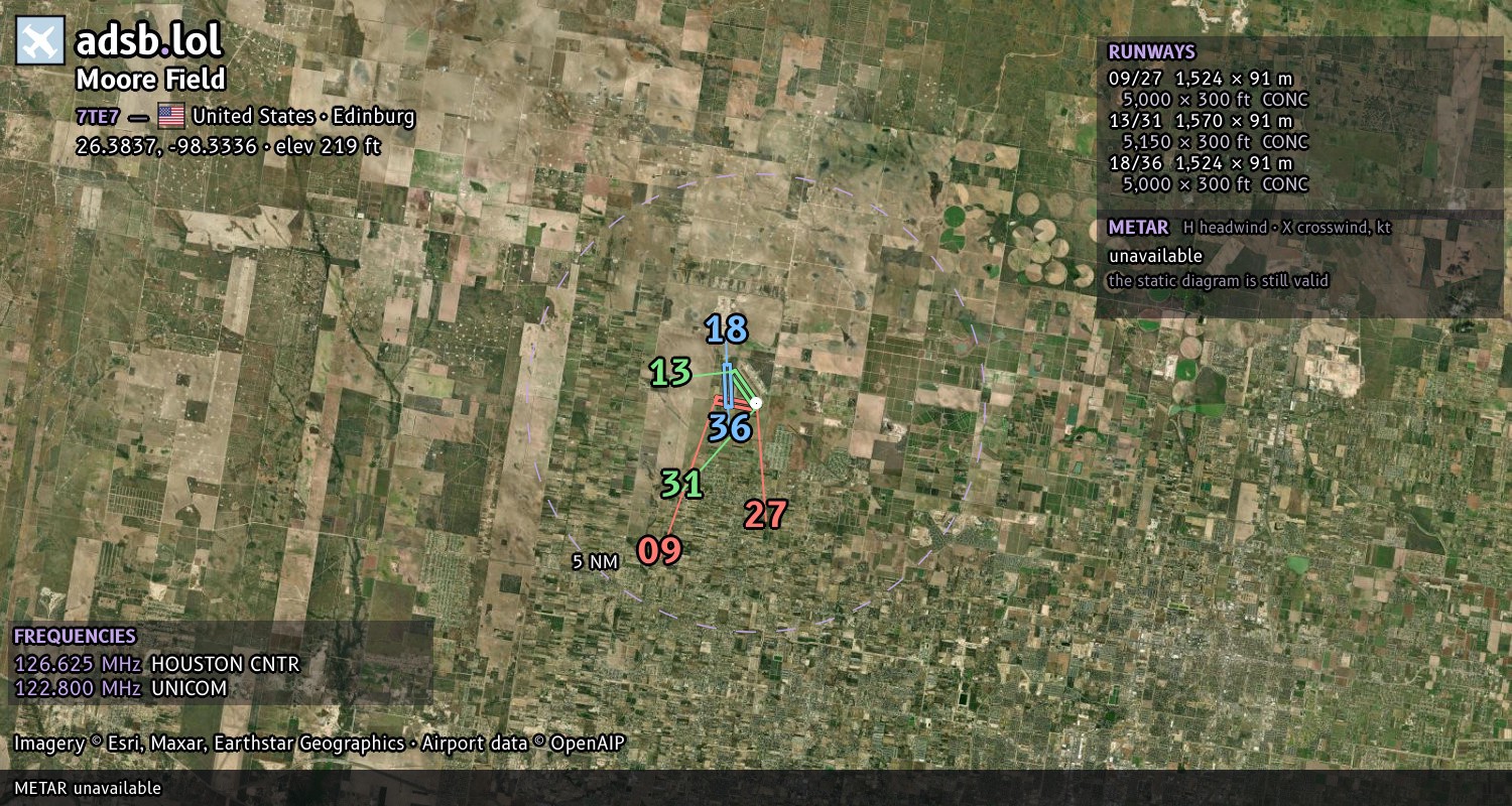 Satellite map with the runway layout of Moore Field (7TE7)