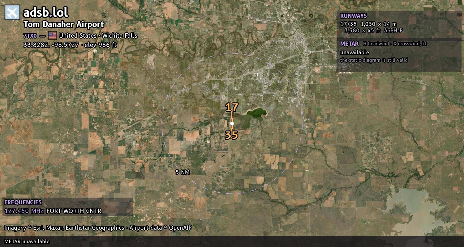 Satellite map with the runway layout of Tom Danaher Airport (7TX0)