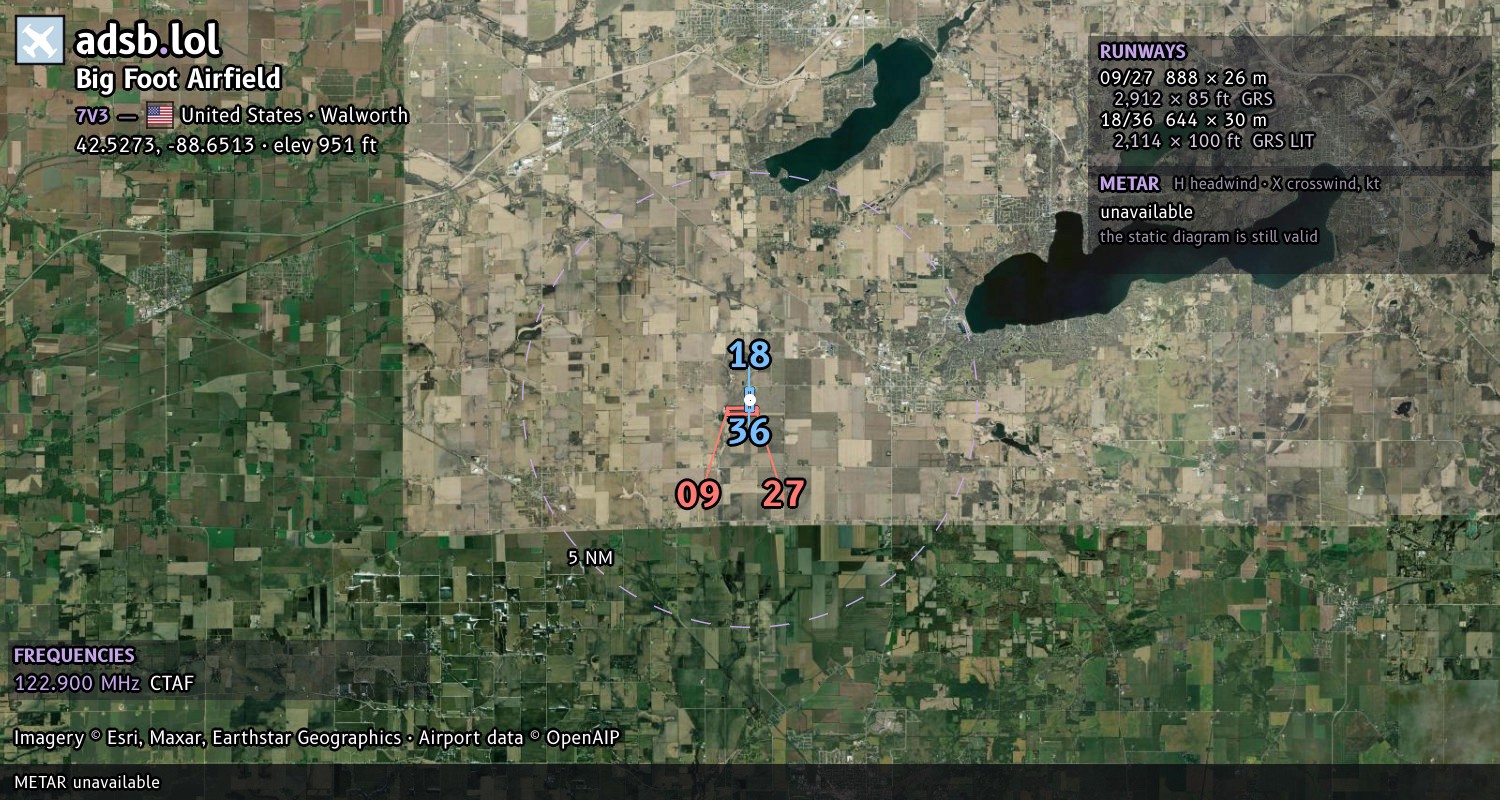 Satellite map with the runway layout of Big Foot Airfield (7V3)