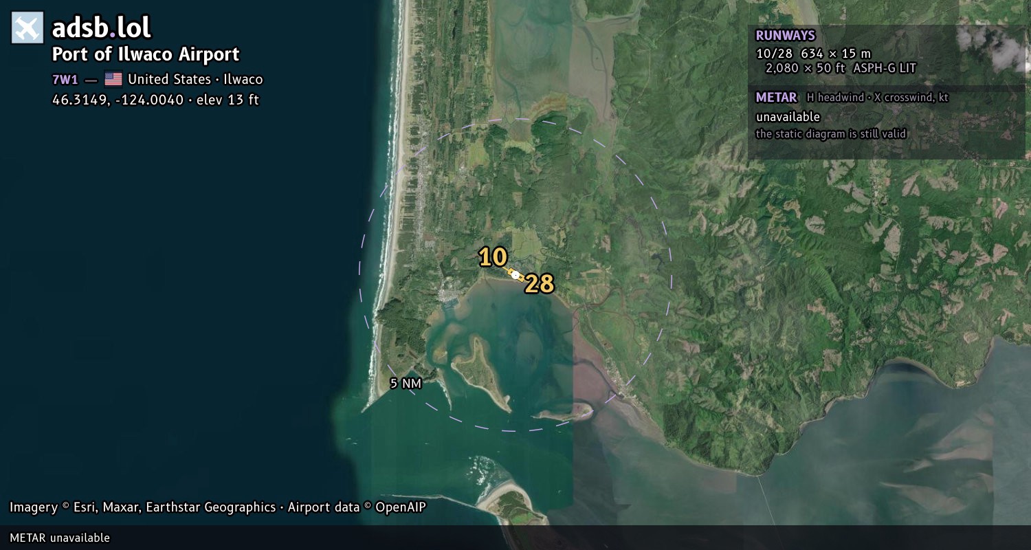 Satellite map with the runway layout of Port of Ilwaco Airport (7W1)