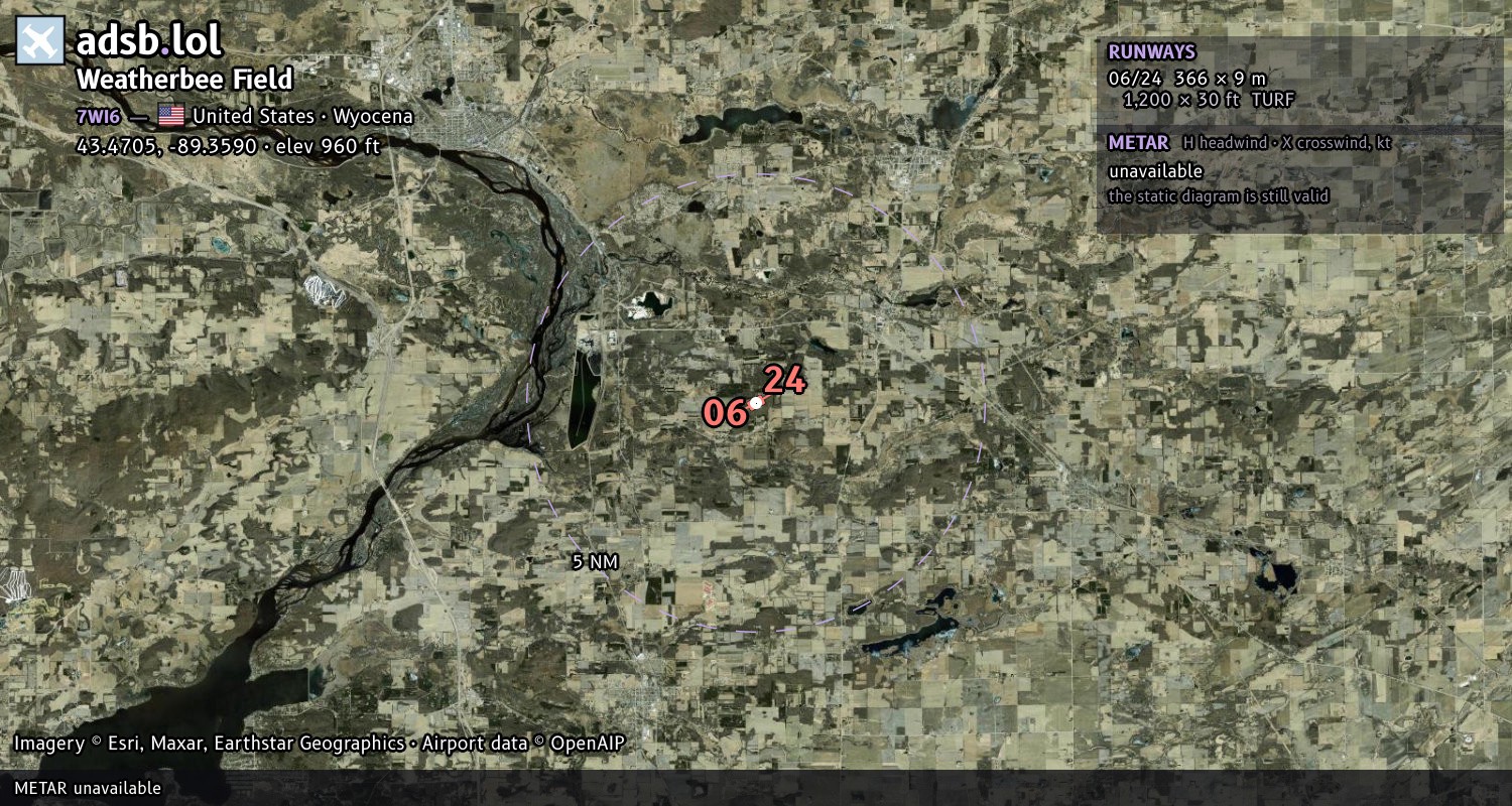 Satellite map with the runway layout of Weatherbee Field (7WI6)