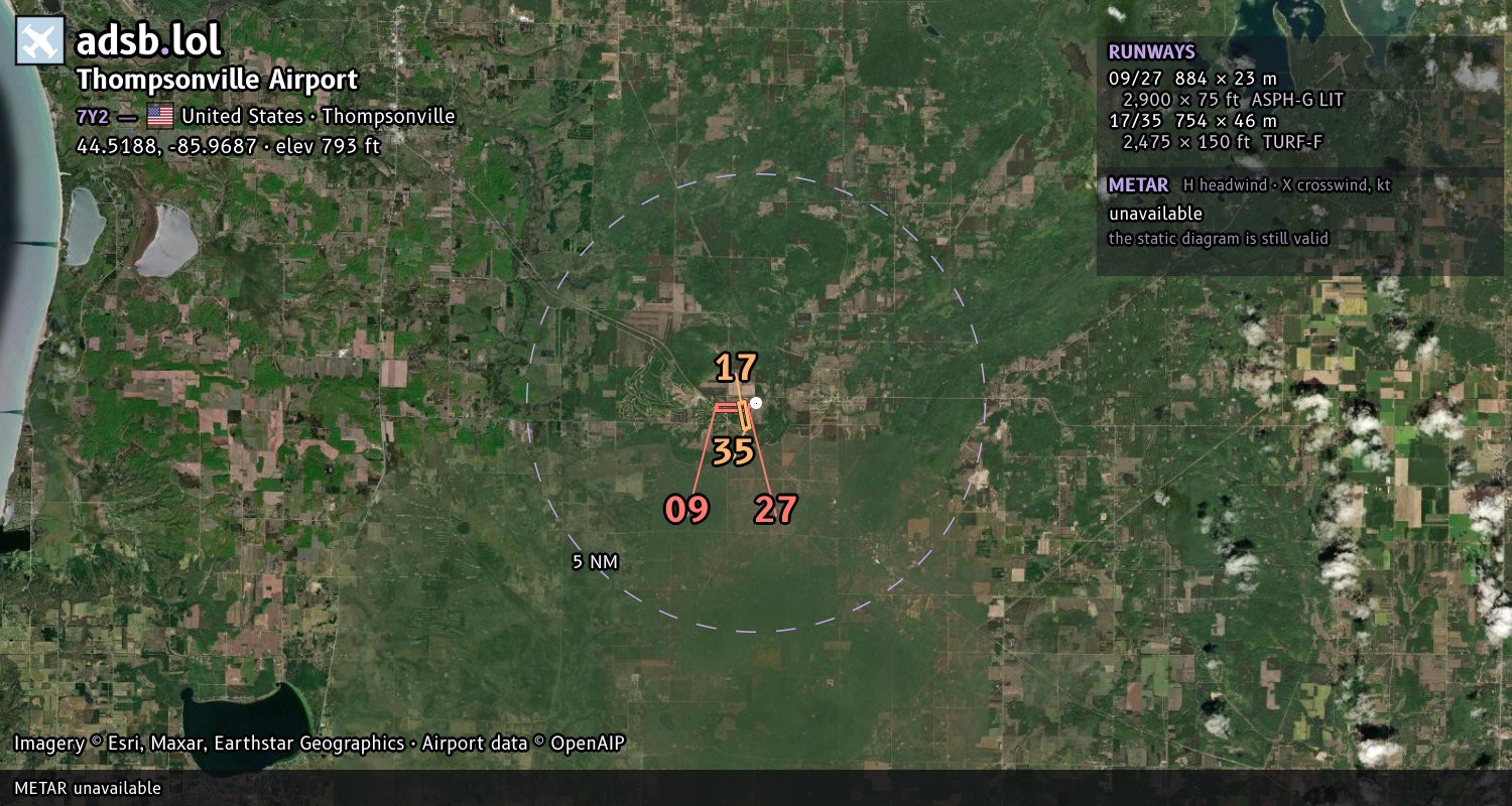Satellite map with the runway layout of Thompsonville Airport (7Y2)