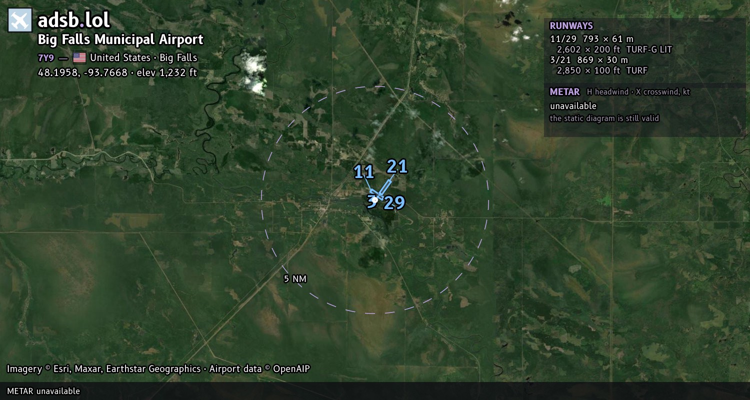 Satellite map with the runway layout of Big Falls Municipal Airport (7Y9)
