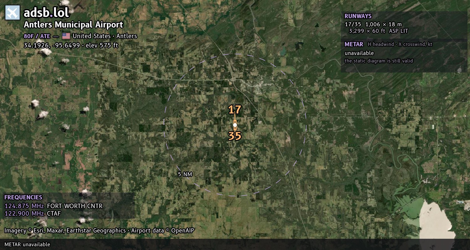 Satellite map with the runway layout of Antlers Municipal Airport (80F)
