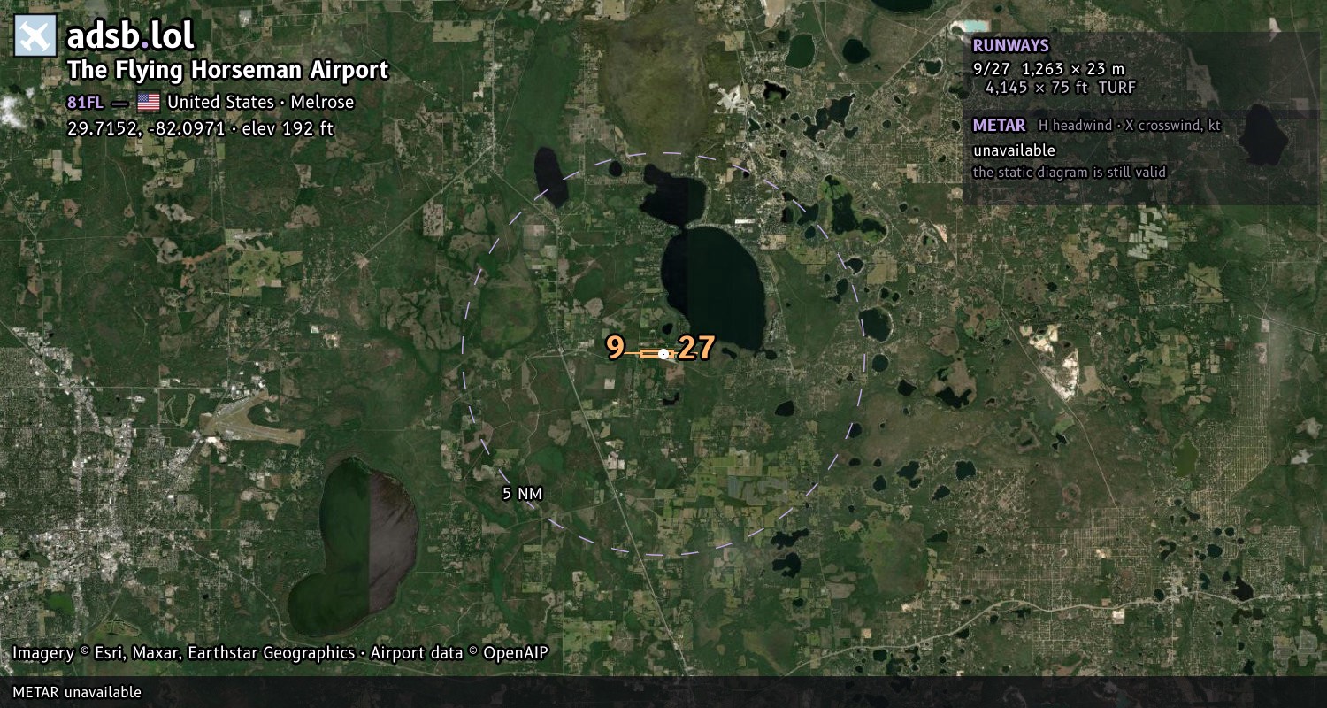 Satellite map with the runway layout of The Flying Horseman Airport (81FL)