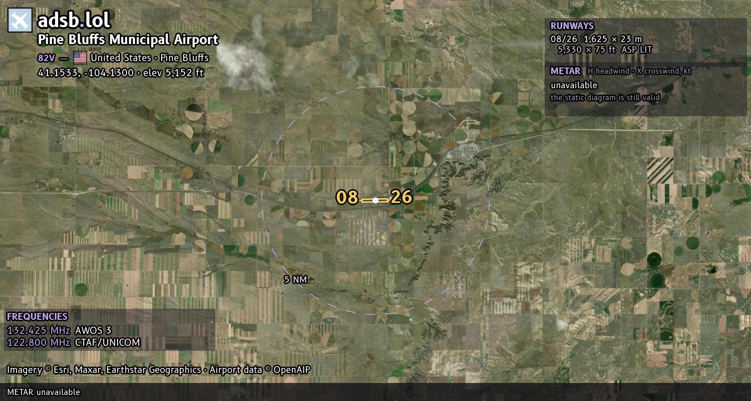 Satellite map with the runway layout of Pine Bluffs Municipal Airport (82V)