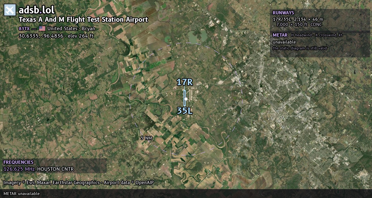 Satellite map with the runway layout of Texas A And M Flight Test Station Airport (83TX)