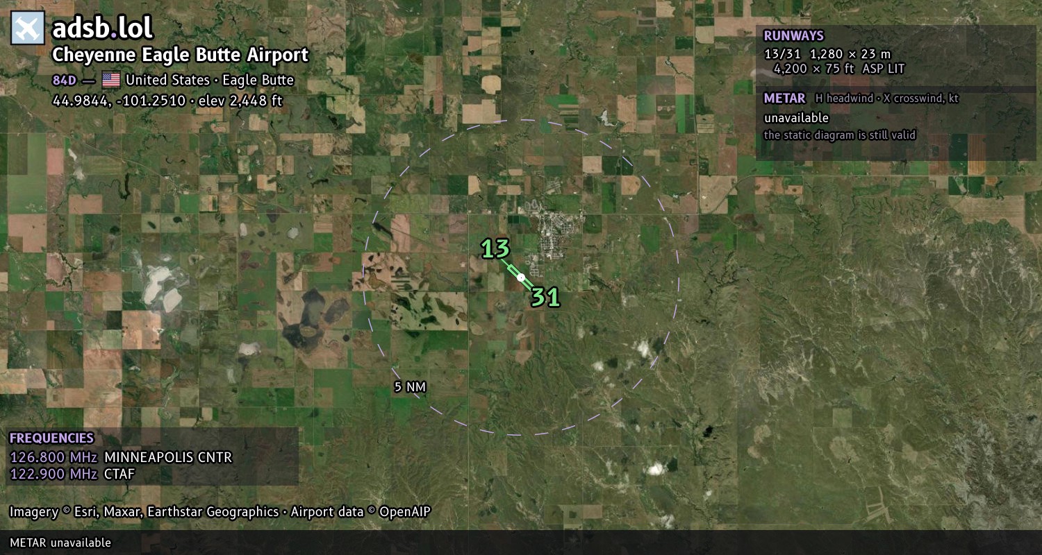 Satellite map with the runway layout of Cheyenne Eagle Butte Airport (84D)