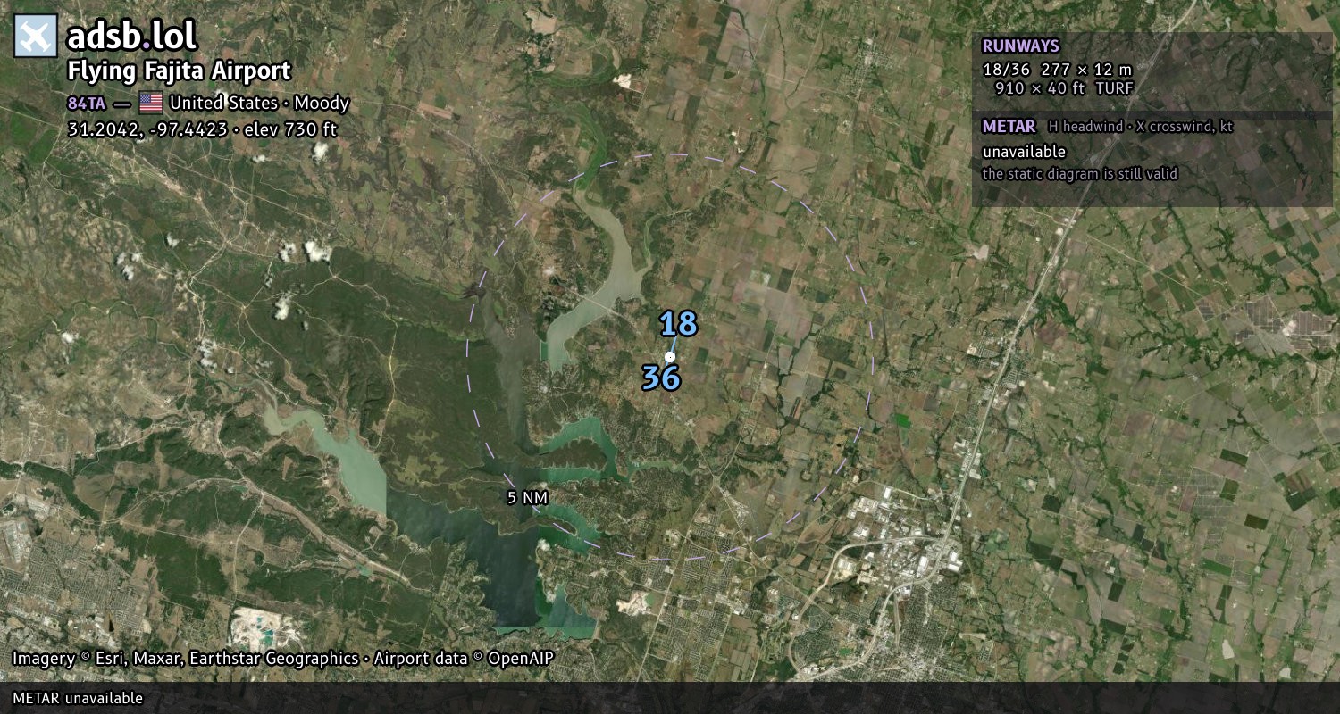 Satellite map with the runway layout of Flying Fajita Airport (84TA)