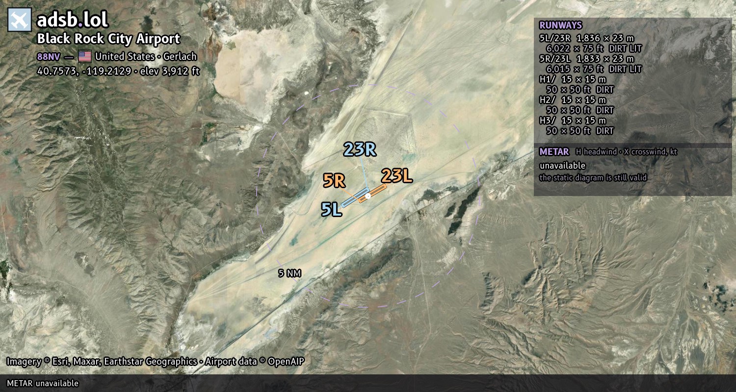 Satellite map with the runway layout of Black Rock City Airport (88NV)