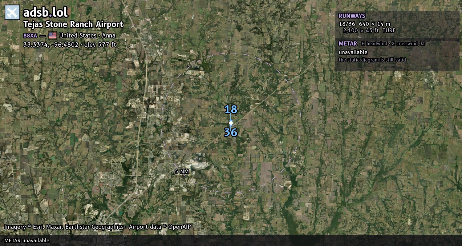 Satellite map with the runway layout of Tejas Stone Ranch Airport (88XA)