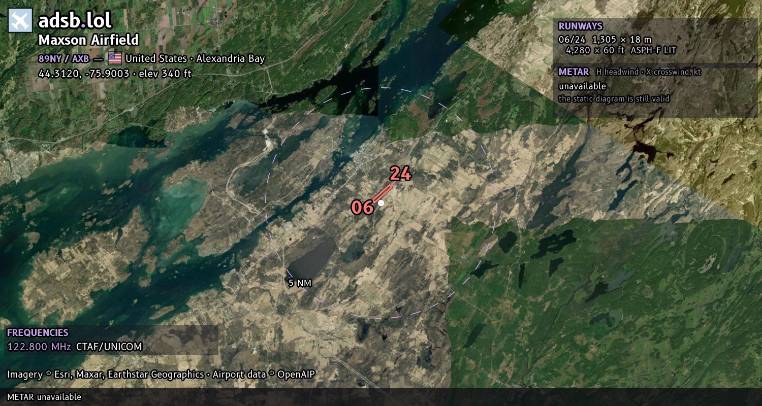 Satellite map with the runway layout of Maxson Airfield (89NY)