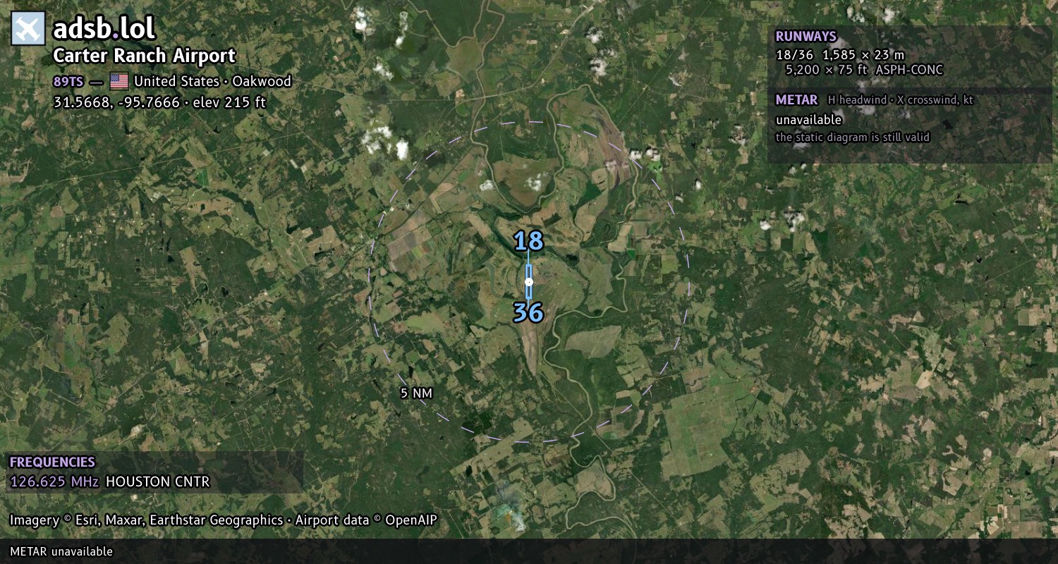 Satellite map with the runway layout of Carter Ranch Airport (89TS)