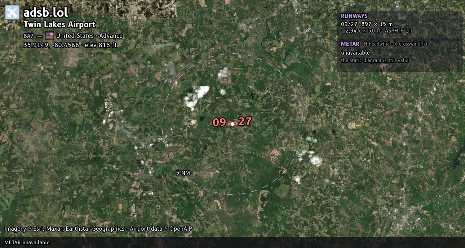 Satellite map with the runway layout of Twin Lakes Airport (8A7)
