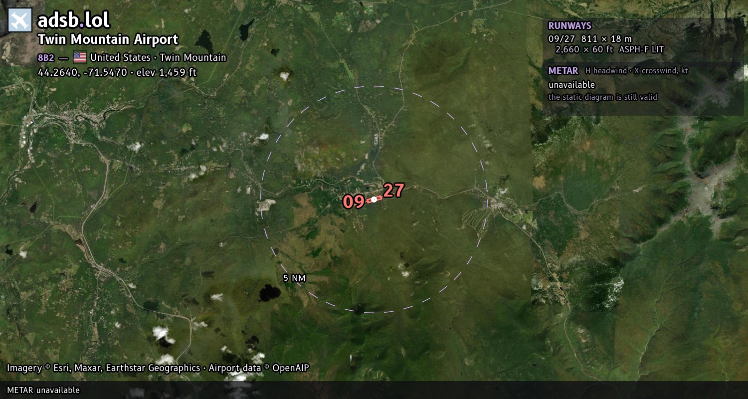 Satellite map with the runway layout of Twin Mountain Airport (8B2)