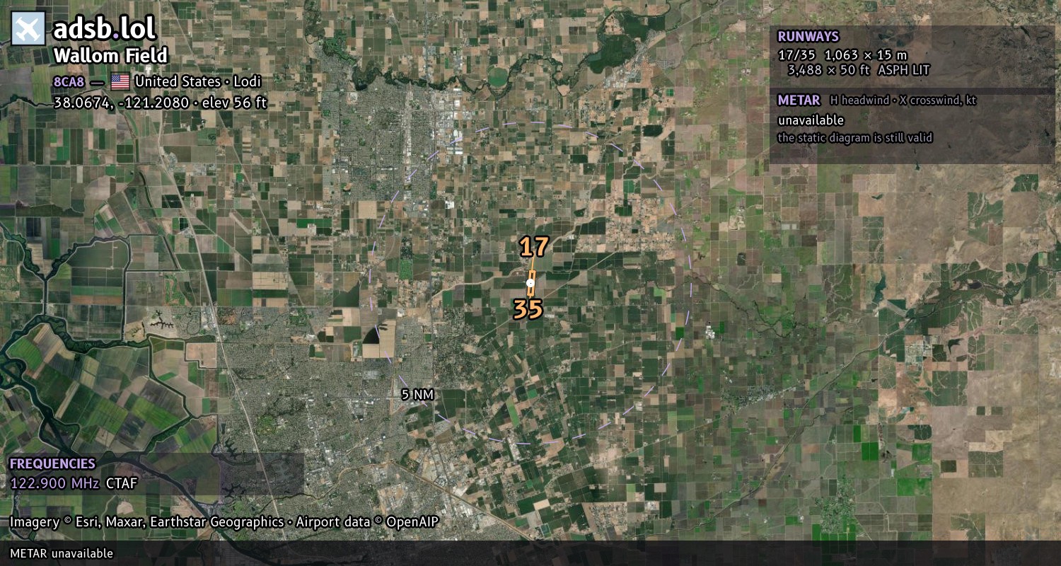 Satellite map with the runway layout of Wallom Field (8CA8)