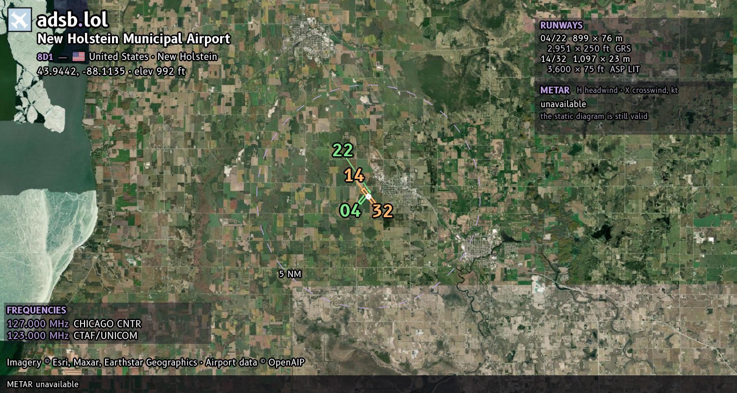 Satellite map with the runway layout of New Holstein Municipal Airport (8D1)