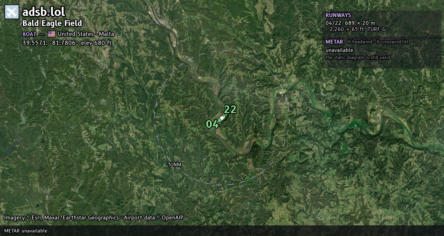 Satellite map with the runway layout of Bald Eagle Field (8OA7)