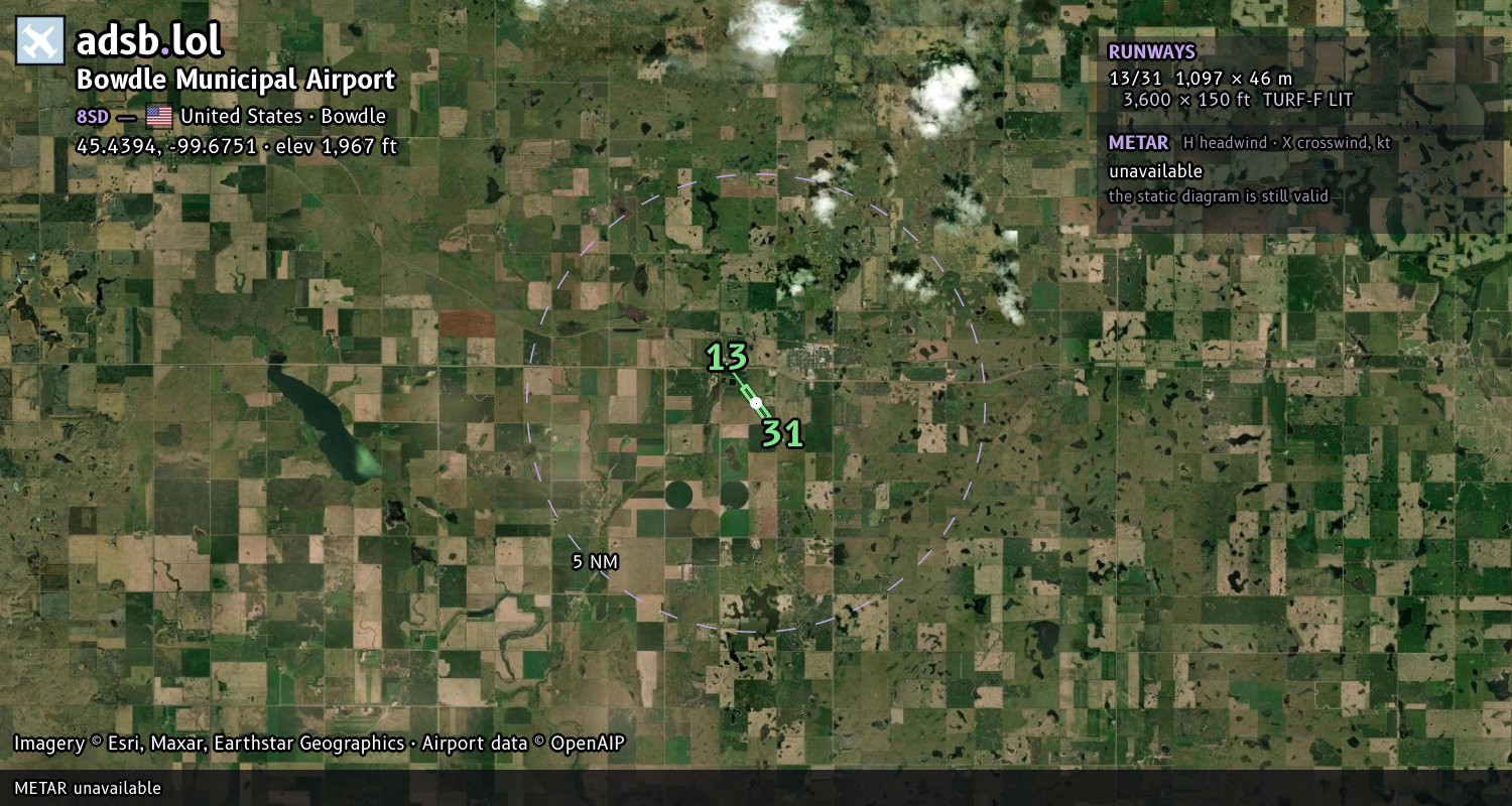 Satellite map with the runway layout of Bowdle Municipal Airport (8SD)