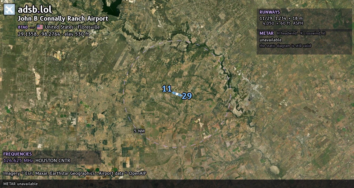 Satellite map with the runway layout of John B Connally Ranch Airport (8TA0)